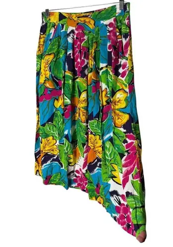 Vintage Retro tropical colourful midi skirt elastic waist & pockets size medium Green