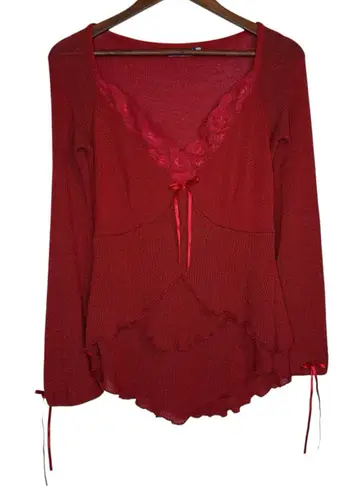 Y2K Rinascimento Babydoll Knit Top M Italian Ruffled Lace Trim Burgundy Red Bows Size M