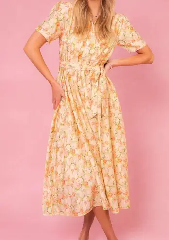 Ivy City Co faux wrap Lyra Midi Dress Yellow Floral Print Cottagecore size 2