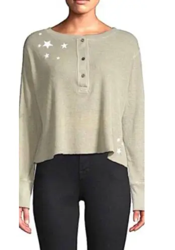 Monrow Top Oversized Crop Henley Thermal Shirt Star Embroidered Long Sleeve S