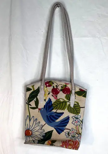 Dequa Munchen Bag Leather Garden Floral Print Shoulder Bag Purse Boho Cottage Green