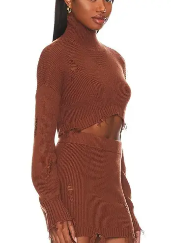 Camila Coelho H:ours Brown Crop Turtleneck Sweater SMALL Distressed Revolve Designer $178 NEW