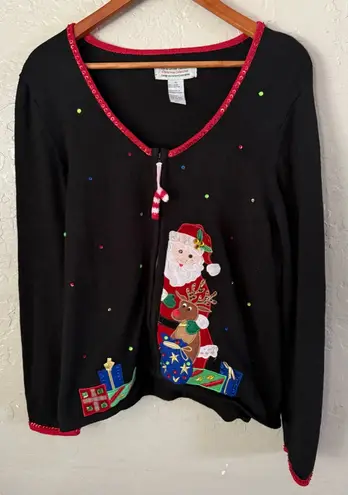 Tiara International Vintage 90s Christmas Holiday Knit Zip Cardigan Sweater XL