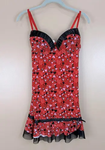 Inteco Intimates Red Pink Black Heart Love Print Babydoll Nightie Chemise Medium