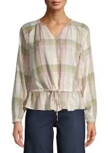 Time & Tru Plaid Button Up Top Long Sleeve Peplum Cinched Waist Bohemian Style # Pink Size 16