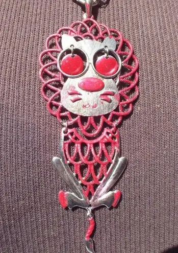 Large Red and Silver Lion Pendant on 20" Link Alloy Chain, Large Retro 1970s Style