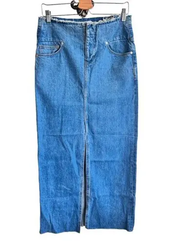 Frame Sea Cut Off Waist Maxi Jean Denim Skirt Raw Hem Blue Front Slit 26