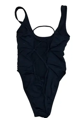 One Piece "Mermaid Off Duty"  Swimsuit - black w pink & tie up back Small S