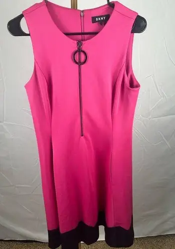 DKNY Retro Colorblock Jersey Dress Zip Front Pockets Fuschia Black 8