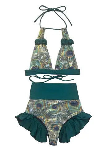 FABLES By BARRIE Custom Metallic Peacock Ruffled Festival Rave Party Bikini Sz S Green