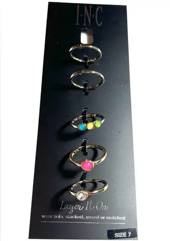 INC NEW (5) STACK RING SET Size 7 Gold Tone Crystal Stone Pink Green Blue Yellow