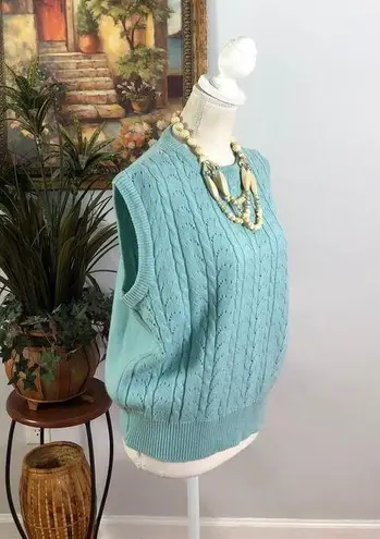 Leslie Fay VTG Sweater Vest XL Academia Knit Cable Wool Blend Green Round Neck