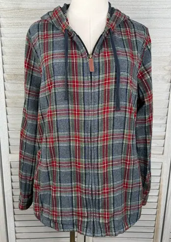 L.L. BEAN Women's Scotch Plaid Flannel Shirt Relaxed Zip Hoodie Gray/Multi