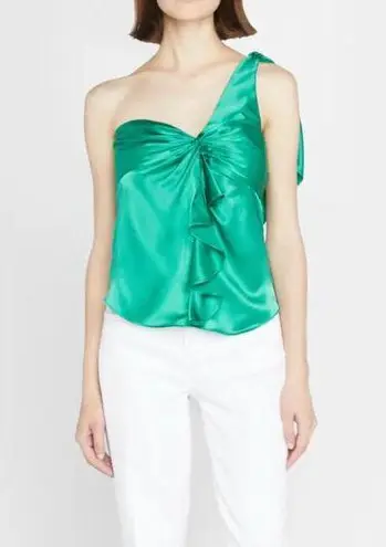 Cinq à Sept Cinq a Sept One Shoulder Top Womens Large Green Silk Maeve Ruffle Twist Front