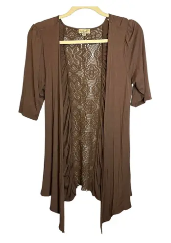 One World One‎ World Cardigan Women's Size Large Lace Back Open Front Brown