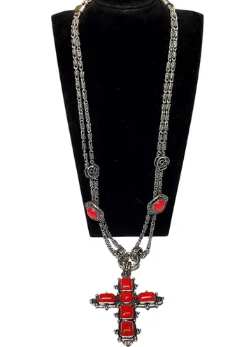 Red Silver Tone Chunky Cross Rose Charms Double Chain Necklace 22" Unsigned