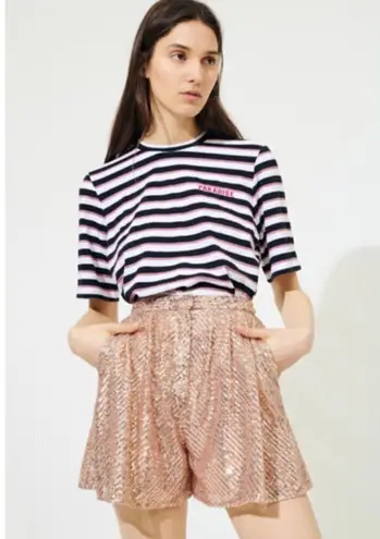 Maje 💕💕 Paillette Pleated Sequined Tulle Shorts High Rise ~ Metal Pink 38 NWT