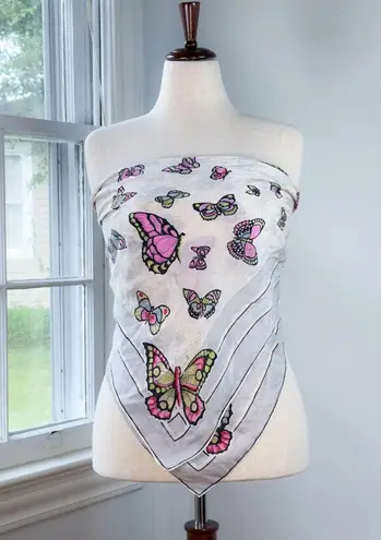 Vintage Y2K Butterfly Print Bandana Square Scarf Pastel Beach White