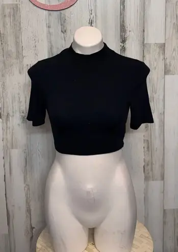 Black Ribbed Mock Neck Crop Top | Short Sleeve Fitted Stretch Shirt – Size Small