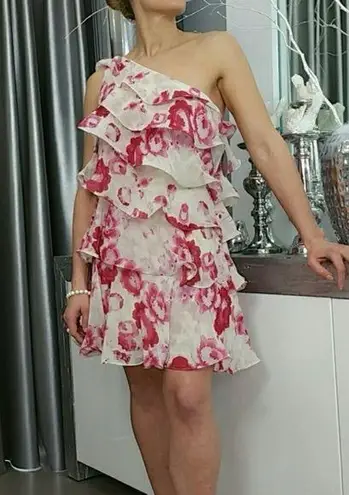 NEW Pearl Georgina Chapman Marchesa Ruffle One Shoulder Floral Mini Dress 8 NWT Pink