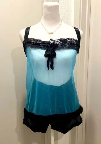 VTG 80s 90s Teal Blue & Black Lace Trim Coquettecore Babydoll Lingerie Tank Top Size XL