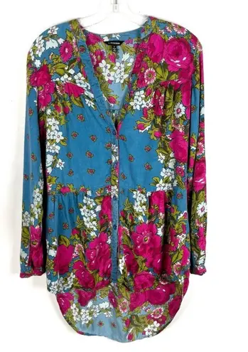 J. Peterman Blue Pink Floral Button Down High-Low Longline Tunic Top Size 2 Boho