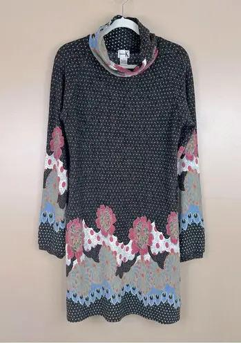 Shana K Charcoal Gray Pink Polka Dot Floral Retro Turtleneck Shift Dress Small