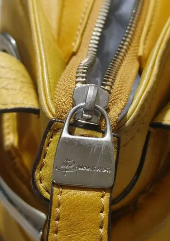 B Makowsky Yellow Leather Tote Bag With Animal Print Lining & Dual Handles Zippe