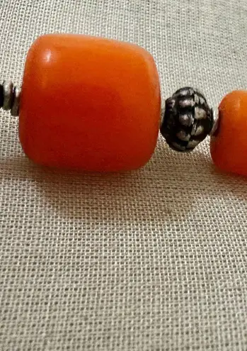 Vintage Boho Tribal Style Necklace Orange Resin Beads Brass Spiral Discs