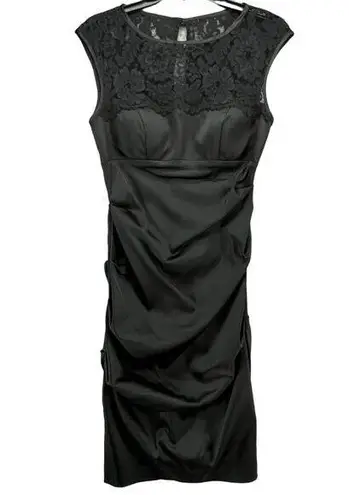 XScape  by Joanna Chen Evening Dress Womens 6 Black Satin Lace Ruched Cocktail