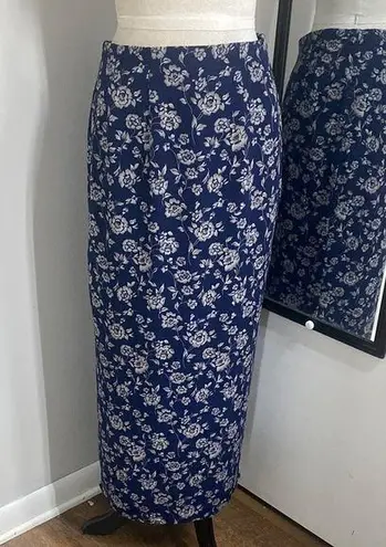 VNTG 90s FLORAL SILK MAXI SKIRT NAVY WITH CREAM FLOWERS PRINTED ALL OVER LINED Blue Size M