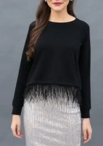 Evy's Tree Size 1X Black Feather Fringe Round Neck Pullover Sweater Cozy Chic