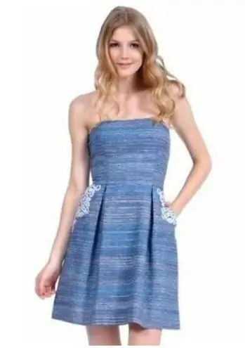 Phoebe Couture Blue purple Striped Silk Blend Strapless Embroidered Dress sz 4