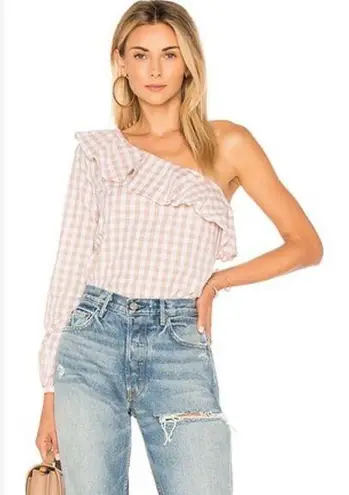 L'Academie L’Academie White & Tan Asymmetrical Gingham Blouse Size XS