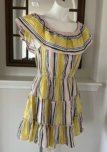 Blue Island Off the Shoulder Tiered Mini Dress Pink Yellow White Size L NWT