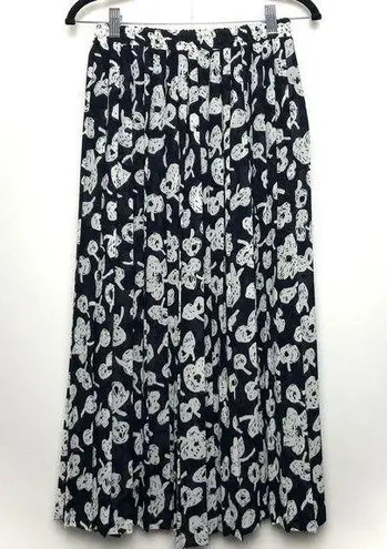 Vintage Russ Pleated Maxi Skirt Black White Floral Print Size 8