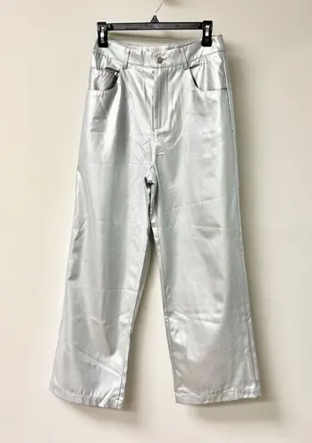 Commense Metallic Faux Leather High Waisted Straight Leg Pants Silver Women's S
