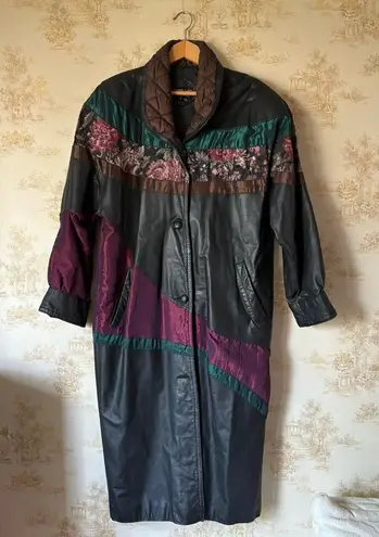 Vintage Pelle black leather floral tapestry patchwork long trench coat jacket M Size M