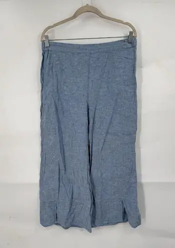 Habitat Sz L Blue Linen Cotton Pant Wide Leg Pull On Ankle Slit Beach Lagenlook