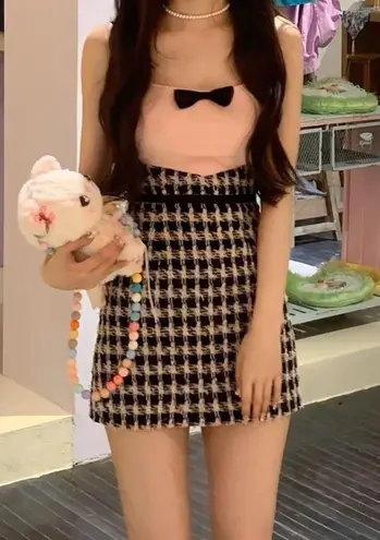 Houndstooth Japanese Kawaii Gyaru Black Pink Bow Stretchy Bodycon Mini Dress