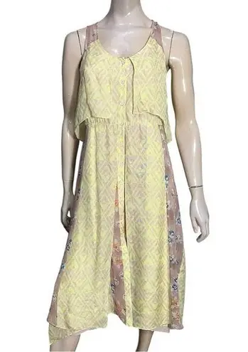 Rebecca Taylor Sz 6 8 Pale Yellow Floral Print Silk Chiffon Open Back Midi Dress