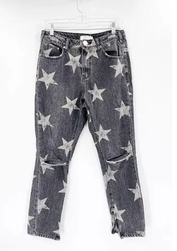 One Teaspoon  Camden Freebirds High Rise Gray Star Print Ripped Straight Jeans