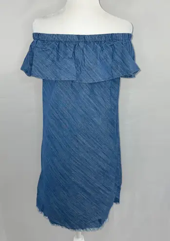 Central Park West New  Denim Ruffle Off the Shoulder Dress Santa Cruz Blue