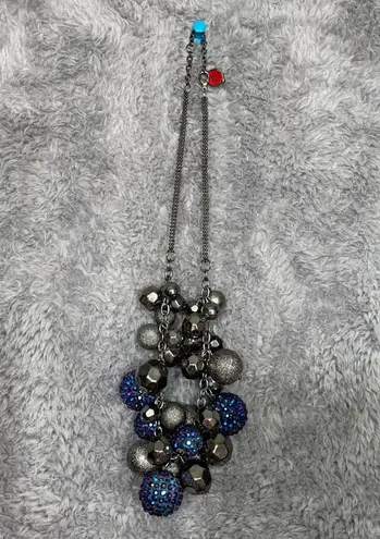 Statement Necklace Gunmetal Gray Beaded with Blue Rhinestone Balls Chunky Glam