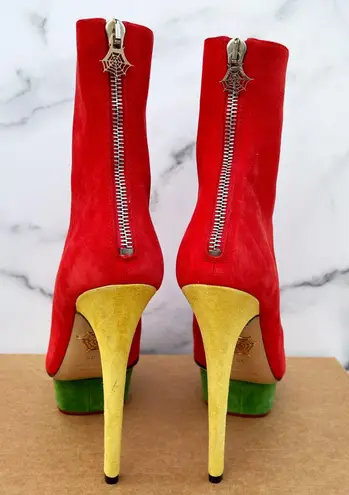 Charlotte Olympia Bella red yellow green suede colorblock mid-calf boots size 35