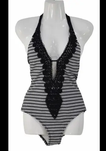 Mossimo Crochet Trim Black White Stripe Halter Plunge One Piece Swimsuit Small