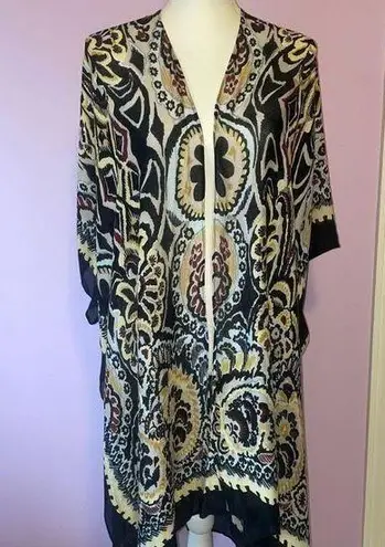 Comfy Luxe One Size Boho Ruana Colorful Patterned Kimono Lightweight Black
