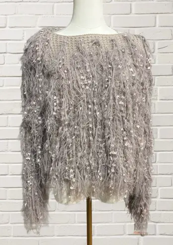 Willow Root Fringe Shag Sweater Taupe Eyelash Yarn Oversized Textured Boho Top Size undefined - Image 1