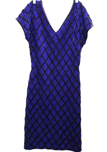 Carmen Marc Valvo VINTAGE Royal Blue Wool & Black Beaded Dress –Size M (runs SM)