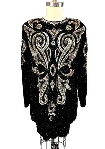 Mob wife era 80s VTG Lillie Rubin Blk/Gld Sequined Silk Hobble Dress Black Sz L Size L